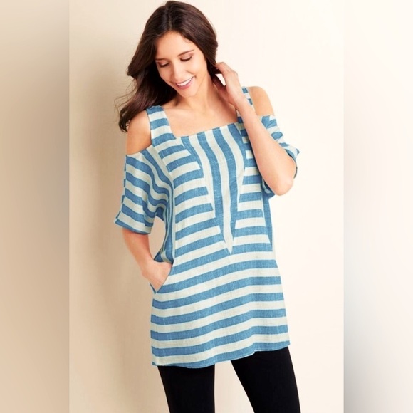Soft Surroundings blue & white striped cold shoulder top! - Picture 1 of 6